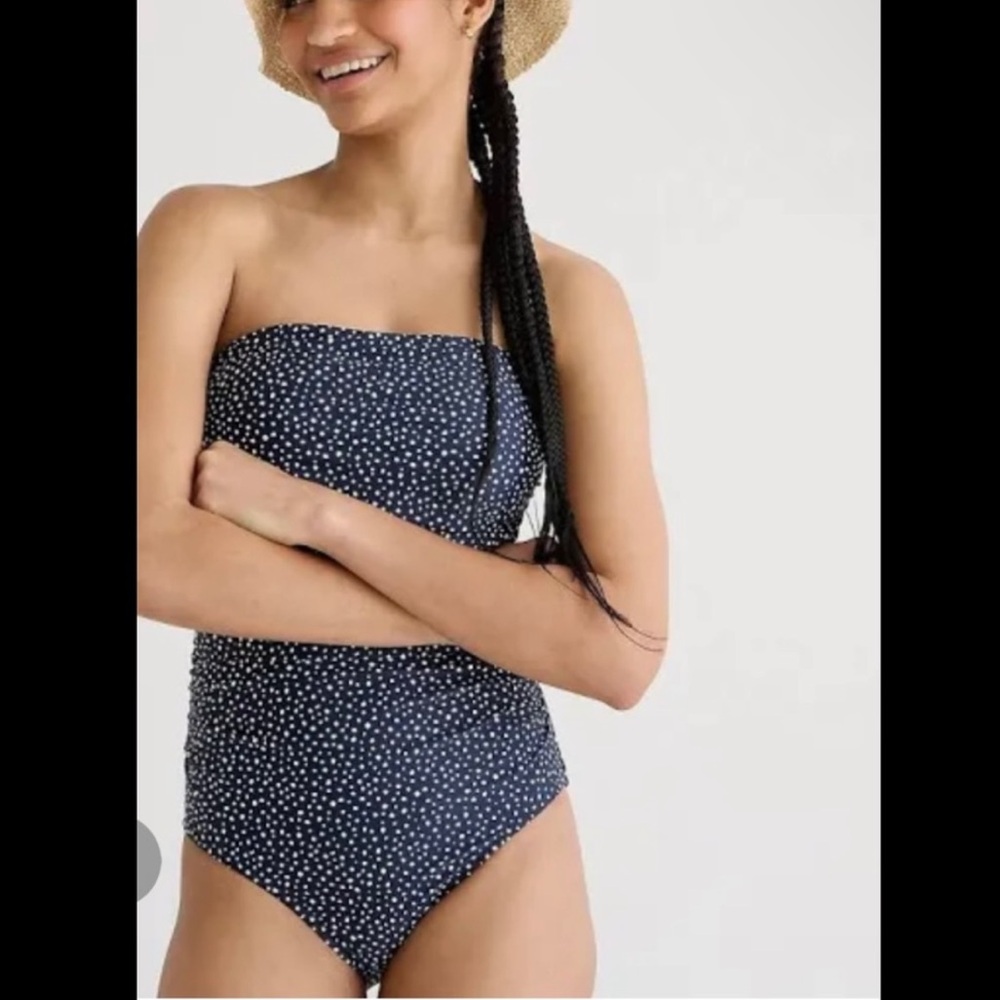 J. Crew Ruched Bandeau One-Piece Swimsuit in Navy & White Polka Dot Sz 24 NEW
